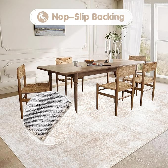 Area Rug 5x7 Vintage Rugs: Washable Living Room Rug Retro Medallion Distressed Large Rug Soft Low Pile Non-Slip Rugs Indoor Floor Carpet for Bedroom Kitchen Nursery Dining Table Office (Beige/Brown)
