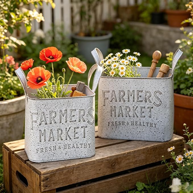 Vintage Metal Flower Planter Buckets with Handle Set of 2 Rustic Metal Flower Pots Farmhouse Plant Containers for Herb Succulent, Indoor Outdoor Garden Home Yard Bathroom Kitchen Decor (White)