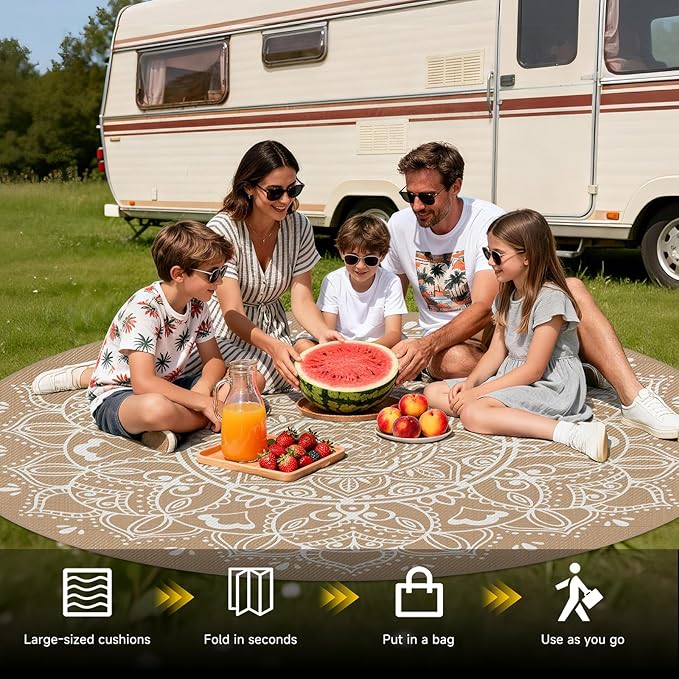 Pauwer Waterproof Outdoor Rug 8ft, Reversible Plastic Straw Patio Camping Rug, Indoor Outdoor RV Mat Carpet for Deck, Camper, Porch, Balcony, Backyard, Picnic, Floral Brown