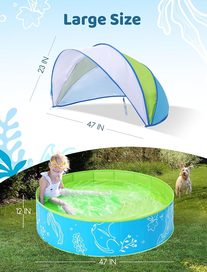 Hikiddy Foldable Kiddie Pool with Canopy, 47in, Blue-Green | for Baby Toddler Kids Pets - Summer Water Play Pool with Removable Shade - Portable for Outdoor Backyard Beach