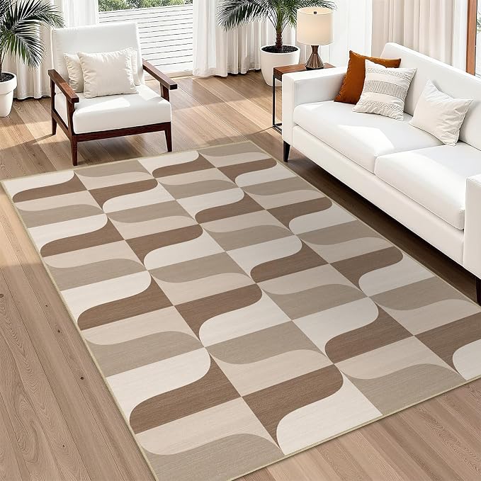 Area Rug 5x7 Modern Geometric Rug Neutral Beige Brown Abstract Mid Century Modern Rugs for Living Room Machine Washable Non-Slip Printed Low Pile Indoor Carpet for Bedroom Dining Room Office