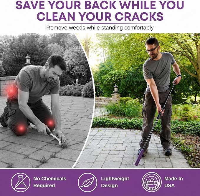 BICRACKIE Stand-Up Paver Crack Weeding Tool with 60" Steel Pole; Steel Blade with 2-Sized, 5" Tapered Ends for Patios, Driveways (Saw-Cut), Sidewalks, Pavers to Remove Weeds Easily; Made in USA