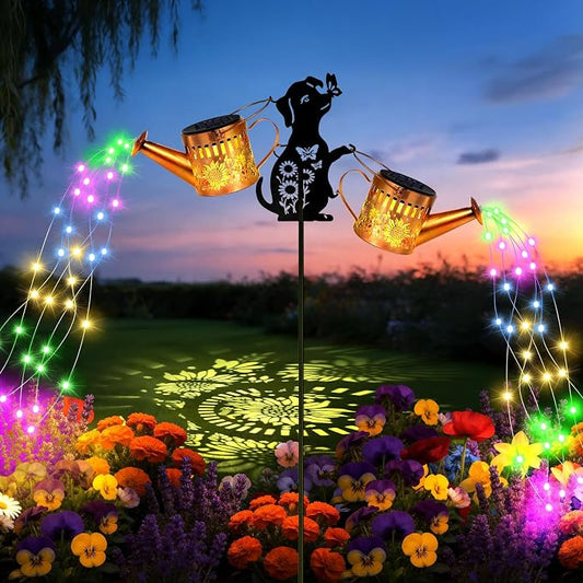2 Pack Solar Watering Can Lights, Metal Solar Lights Outdoor Decorative with Dog Silhouette Stake, Waterproof Hanging Lantern Garden Decor Light for Outside, Patio, Yard, Birthday Gifts, Multicolor