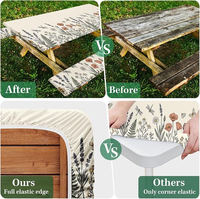 Picnic Table Cover with Bench Covers Elastic Edges, Botanical Camper Fitted Table Cover, Outdoor Camping Essentials 72 Inch 3PCS, Waterproof Camping Fitted Tablecloth with Drawstring Bag