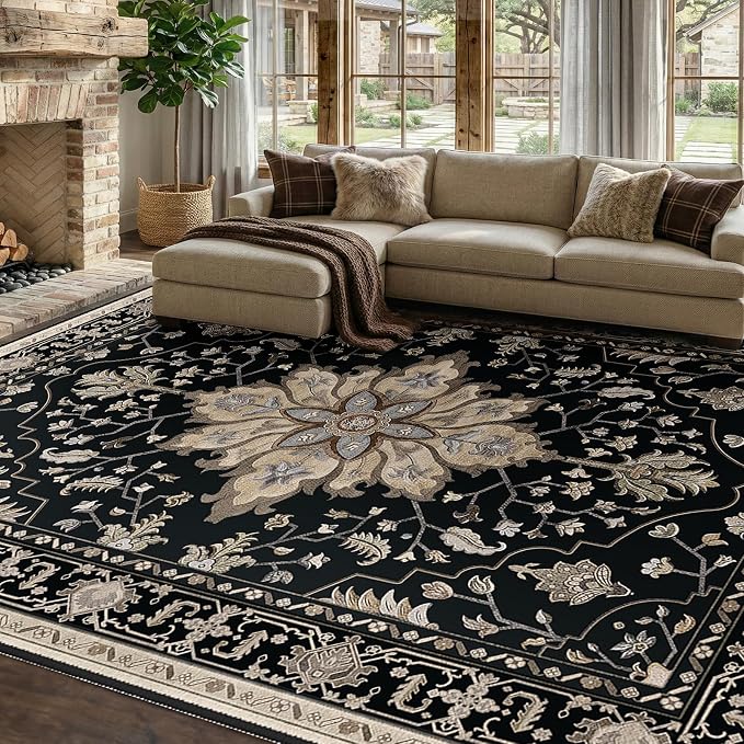 RELEANY Washable Area Rug, 8'x10', Black/Neutral | Non-Slip, Water Repellent, Pet Friendly, Easy to Clean, Vintage Floral Boho Decor for Living Room Bedroom Dining Room