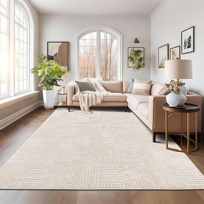 Pauwer 9x12 Area Rugs for Living Room, Modern Non Slip Washable Rug, Beige | Arch Pattern, Soft Fluffy, Neutral, Boho Accent, Solid Color Floor Carpet, For Kids Room Dining Room Nursery Entryway