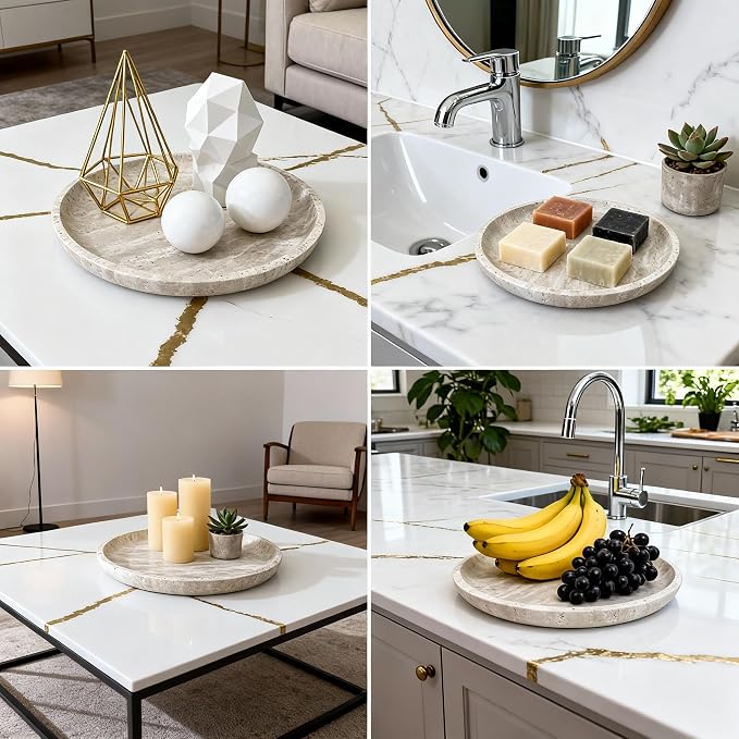 Vanity Tray for Bathroom, Dresser, Counter, Home Decor 10.24” D x 1.18”H Travertine Round Decorative Tray for Candles, Perfumes, Jewelry, Plants Natural Stone Organiser Dish Beige (NS053)