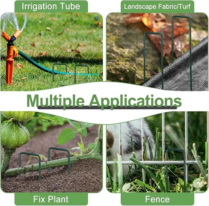 Landscape Staples 6Inch 200pcs Garden Stakes + 200pcs Gasket, Lawn Pins with Spray Coating Craft,11Gauge Anti-Rust Ground Yard Spikes Anchoring for Outdoor Tents Irrigation Hoses (Green)