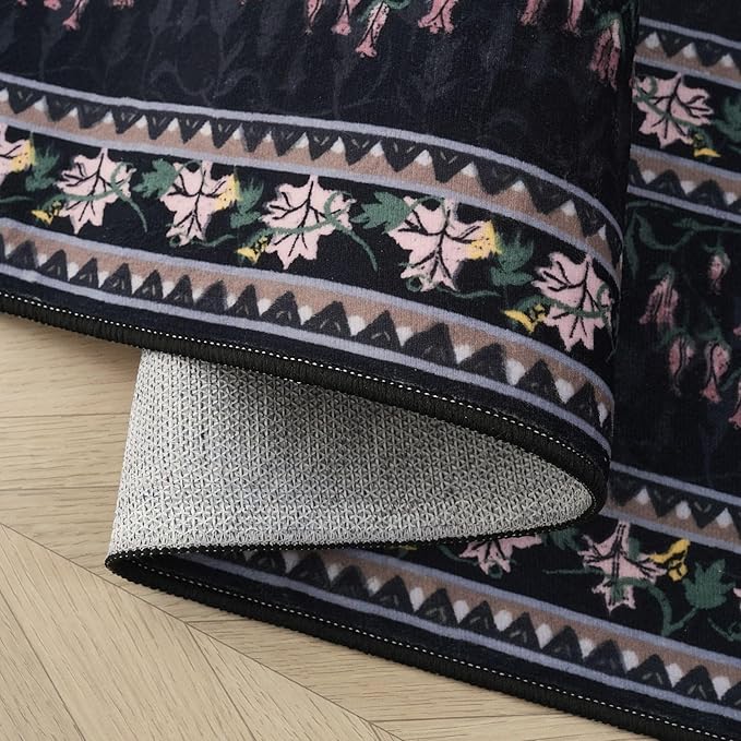 Rugcomf Runner Rug Impressionist-Style Vintage Kitchen Rugs Non Slip Washable Soft Carpet Runner for Kitchen Laundry Bedroom Bathroom, Black
