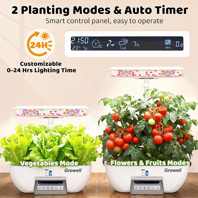 Growell 17 Pods Hydroponics Growing System Kit, Indoor Garden with 2 Fans | for Airflow & Anti-Mold, LED Grow Light, Smart Water Cycle, Auto Timer, 10L Large Water Tank, Indoor Gardening Gift, White