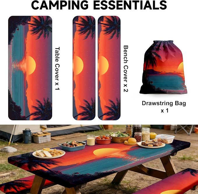 NYZE 3 Pieces Beach Sunset Picnic Table Cover with Bench Covers Set, Elastic Edge Camping Tablecloth, Tablecloth Cover with Drawstring Bag, Camping Essentials for Outdoor Picnics, Patio, BBQ