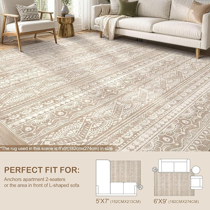 Tortania Area Rug Living Room Rugs - 6x9 Washable Large Soft Neutral Boho Moroccan Bohemian Farmhouse Rug Indoor Floor Carpet for Bedroom Under Dining Table Home Office Decor - Light Brown