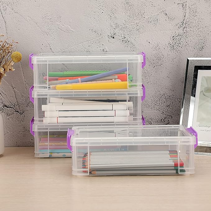 BTSKY 4 Pack Extra Large Plastic Pencil Box Stackable Translucent Clear Pencil Caase Crayon Box Set, Marker Organizer Art Supply Storage Organizer for Gel Pens Pencils Erasers Tape Markers etc(Purple)