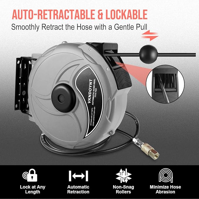 Retractable Air Hose Reel, 1/4 in x 50 FT Hybrid Polymer Hose, Air Compressor Hose Reel with 5 ft Lead in, Ceiling/Wall Mount Enclosed Air Reel, 180° Swivel Mount, Gray/Black