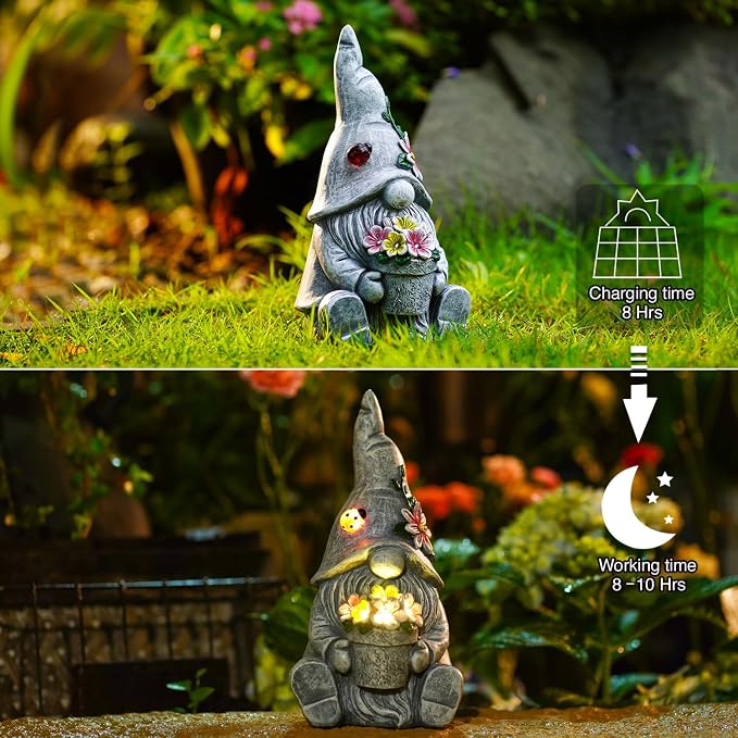 Solar Sitting Gnome with LED Flower Light Garden Decor | Durable resin material for outdoor use, warm LED glow, perfect garden gift for women, moms, housewarming decoration
