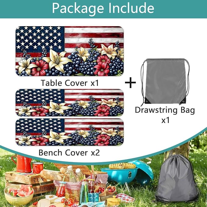 American Flag Fitted Picnic Table Cover with Bench Covers Waterproof Elastic Edges Rectangle Patio Tablecloth Outdoor Camping Rv Accessories Summer Trip Travel Supplies Party Camper Gifts, 5 ft