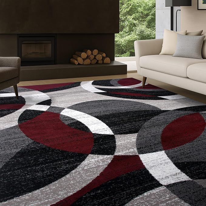 Rugshop Overlapping Circle Modern Geometric Area Rug Red 7'10" x 10'2" | Indoor, Non-Shedding, Rectangular, Size 7'10" x 10'2", Living Room, Bedroom, Dining Room, Home Office, Kitchen, Entryway