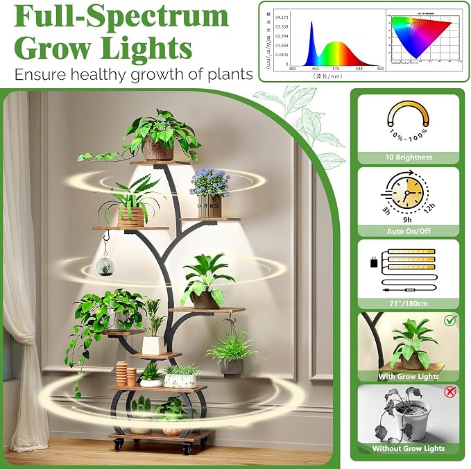 VINGLI Plant Stand Indoor with Grow Lights, 48" Small Space Plant Stand, 8-Tier Mobile Plant Shelf, Lighted Display Rack for Apartment, Living Room & Balcony, Black and Brown