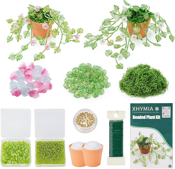 XHYMIA Beaded Plant Kit Green Glass Leaf Beads, Flower Glass Beads Mini Forever Plant Making and DIY Crafts with Video Tutorials
