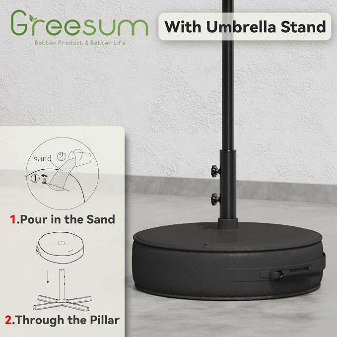 Greesum Outdoor Patio Umbrella with Base, Table Umbrella with 8 Sturdy Ribs, Push Button Tilt and Crank, Market Table Parasol for Garden, Lawn, Backyard & Pool, White