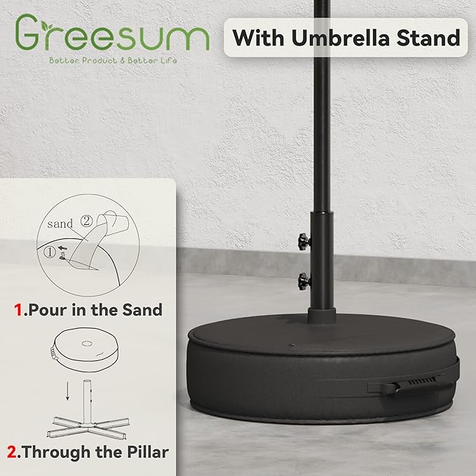Greesum Outdoor Patio Umbrella with Base, Table Umbrella with 8 Sturdy Ribs, Push Button Tilt and Crank, Market Table Parasol for Garden, Lawn, Backyard & Pool, Beige