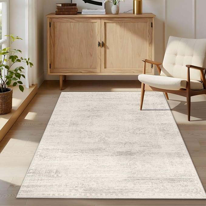 Latte&Fog Washable 3x5 Entryway Rug, Ivory Area Rugs for Living Room | Non Slip Low Pile Soft Floral Cute Carpet for Dining Kitchen Kids Playroom Nursery Guest Room Classroom Dorm Farmhouse Office