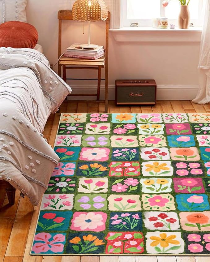 Vintage Floral Rug 4x6 Washable, Thin Cute Aesthetic Retro Multicolored Flowers Patchwork Bedroom Dorm Carpet, Boho Country Botanical Area Rugs for Dining Living Room Kitchen Entryway Nursery