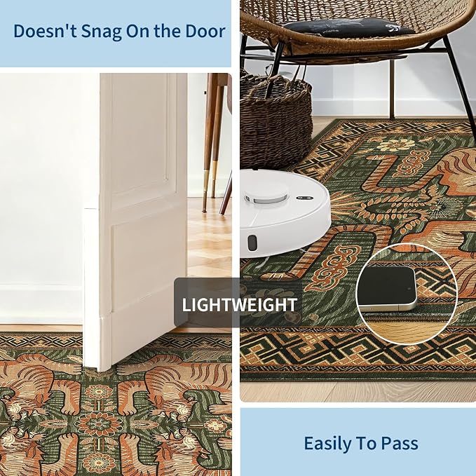 GarveeHome Tibetan Tiger 8x10 Washable Area Rugs for Living Room, Boho Tribal Green Soft Animal Print Throw Rug Vintage Non Slip Ultra Thin Stain Resistant Floor Carpet for Office Bedroom