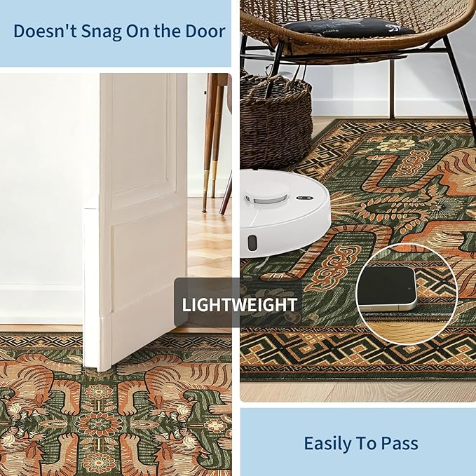 GarveeHome Tiger Print 2.5'x8' Washable Non Slip Runner Boho Hallways Rugs | Green Kitchen Runner Ultra Thin Soft Vintage Tribal Indoor Throw Floor Carpet for Laundry Entryway Bedroom Bathroom