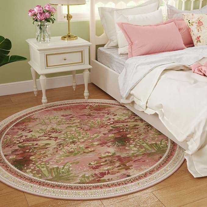 Rugcomf Circle Rug Impressionist-Style Vintage Round Rug 4ft Non Slip Low Pile Small Circular Rug for Bedroom Bathroom Entryway Kids Room Office College Dorm, Pink