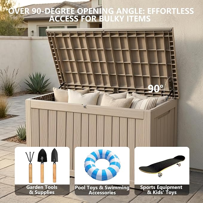Outdoor Storage Box, 270 Gallon Waterproof Deck Box [Upgraded 3.0], Super-Sized Gas-Spring Resin Trunk for Large Seat Pillows, Heavy-Duty Lockable Backyard Storage Sofa, Garden Lawn, Grey