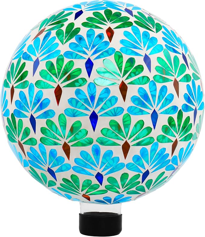 SAVENNA Mosaic Garden Gazing Ball 10 Inch, Glass Decorative Sphere for Indoor & Outdoor Garden, Patio, Home & Yard, Blue & Green Leaf Pattern