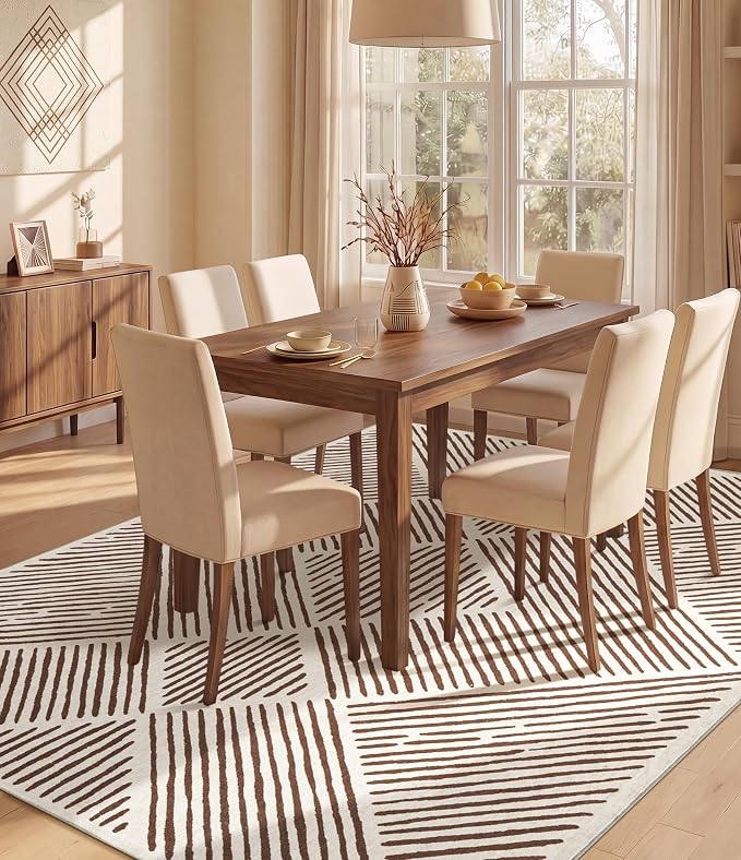 5‘x7' Washable Brown and Cream Area Rug for Living Room | Non-Slip, Soft, Low Pile, Stain Resistant, Large Farmhouse Geometric Stripe Tan Rug for Bedroom Dining Room