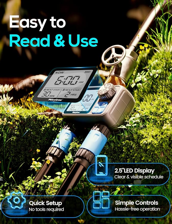 Sprinkler Timer, Programmable Irrigation Water Timer with 2 Brass Inlet for Garden Hose, Automatic Watering System for Yard Lawn, Rain Delay