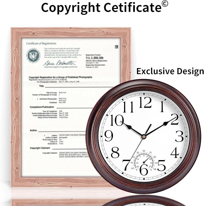 KECYET 14 Inch Outdoor Wall Clock with Thermometers, Vintage Silent Wall Clocks Battery Operated, Retro Non-Ticking Clock Decorative for Living Room, Patio, Kitchen, Office, Bathroom, Bedroom(Bronze)