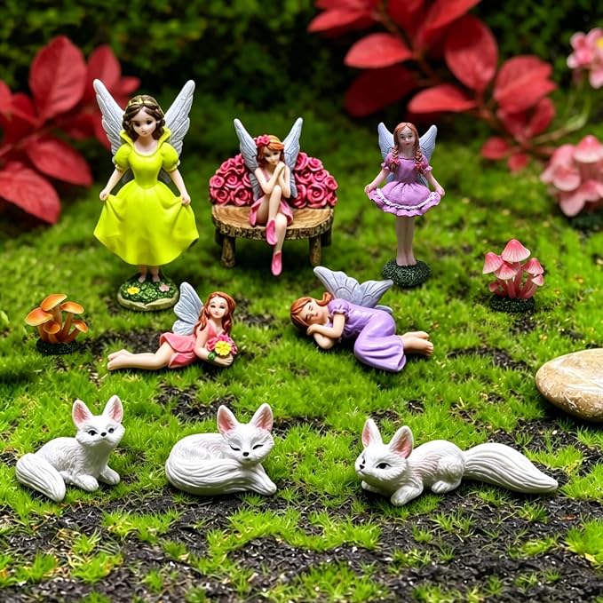 11 Pcs Mini Fairy Garden Accessories Set, Includes Resin Fairy Figurines, Cute Small Mushrooms, Benches and White Fox Statues. Perfect for Diy Miniature Landscape Decorations and Home Garden Decor