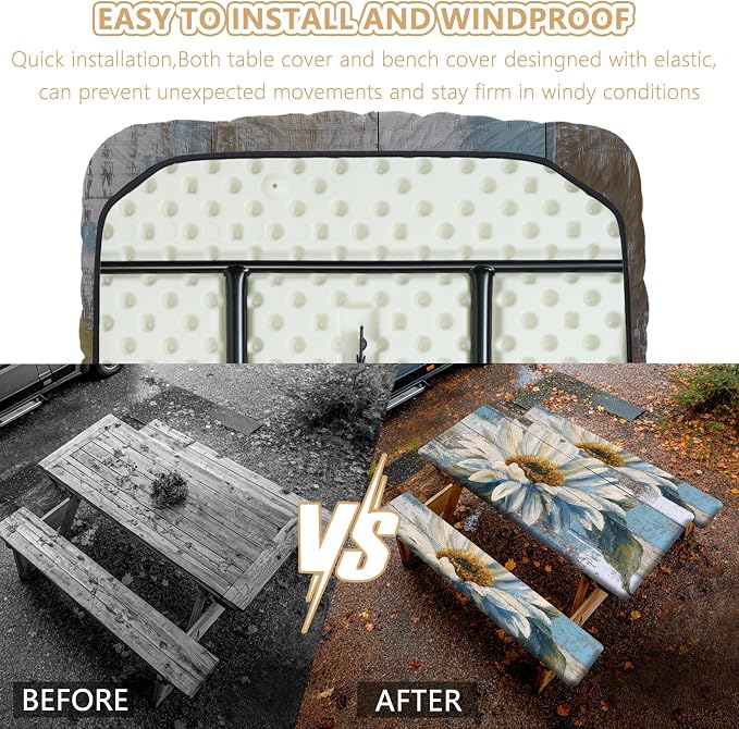 Picnic Table Cover with Bench Covers Elastic Edges, Outdoor Patio Camping Essentials 72 Inch 3PCS, Waterproof Camping Fitted Tablecloth with Handbags (Wood flower)
