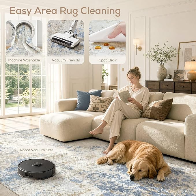 Nakagishi 3x8 Abstract Washable Area Rugs for Entryway-Blue Brown | Modern Non-Slip Silicone Backing Low Pile Soft Carpet for Bedroom Dining Decor for Families with Kids and Pets