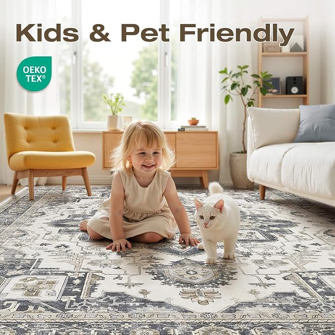 Vintage Washable 9x12 Area Rug for Living Room, Heathered Grey | Soft Low Pile Rug with Non-Slip Backing, Stain Resistant for Bedroom or Dining Room, Kid & Pet Friendly