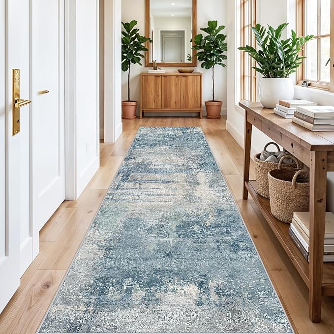 Washable 3x12 Hallway Runner Rug: Washable Non Slip Carpet Blue | for Long Entryways Kitchen Living Room - Abstract Modern Neutral Thin Low Pile Runners 3x12 Blue