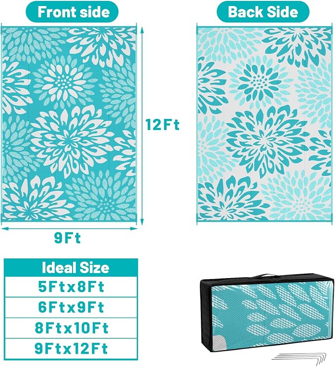 HEBE Waterproof Outdoor Rug 9x12 for Patios, Floral Reversible Plastic Straw Rug Patio Mat, Indoor Outdoor Carpet RV Mat Camping Rug for Deck, Camper, Porch, Balcony, Backyard, Picnic