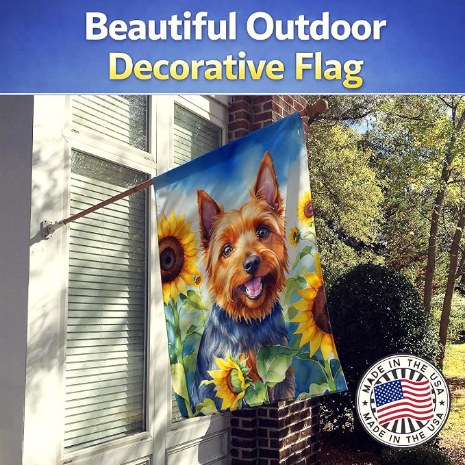 Caroline's Treasures DAC6015CHF Australian Terrier in Sunflowers House Flag Large Porch Sleeve Pole Decorative Outside Yard Banner Artwork Wall Hanging, Polyester, House Size, Multicolor
