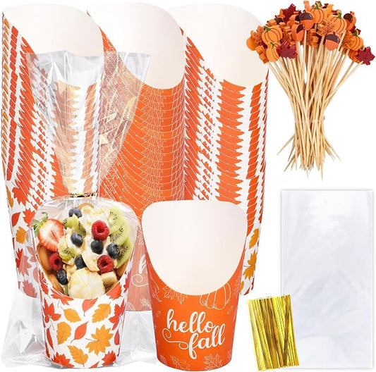 FYSUIMU 50 Pcs 14 Oz Fall Thanksgiving Charcuterie Cups with Sticks Bags Twist Ties Maple Leaves Disposable Appetizer Cup French Fry Holder for Autumn Party Favor Supplies