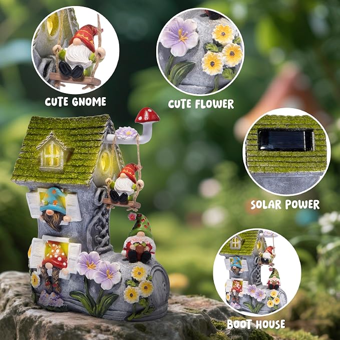 Hodao Spring Solar Gnomes Garden Decor - Whimsical Shoe House with Swinging Gnome, Hand-Painted Floral Base & Mushroom Swing for Porch, Yard, Flower Bed Garden Gifts for Women, Mom (Grey)