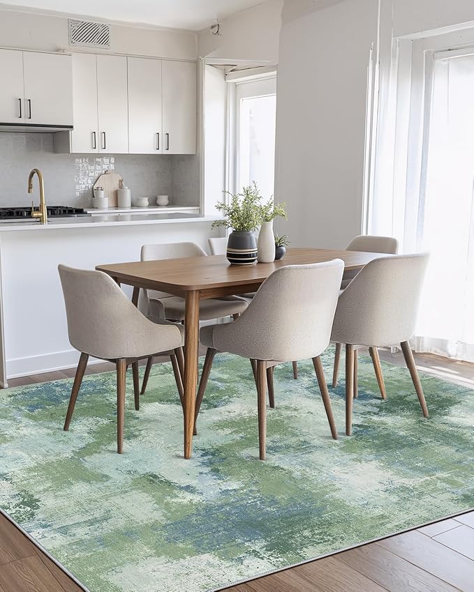 6x9 Area Rugs for Living Room, Modern Abstract Washable Rug with Non-Slip Backing & Low Pile Indoor Carpet for Nursery Room, Bedroom and Dinning Room, Green