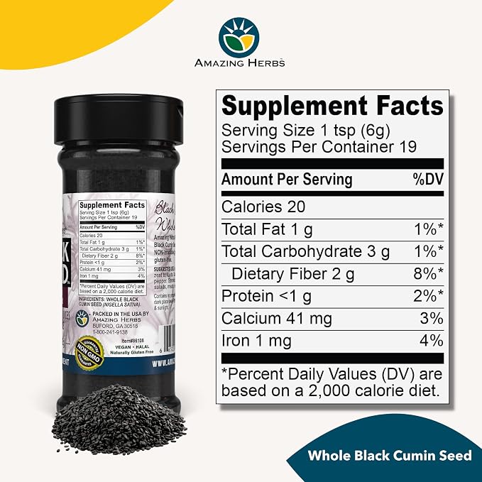 Amazing Herbs Whole Premium Black Cumin Seed - Nigella Sativa Seeds, Organic, Gluten-Free, Non-GMO, Supports Immune System, Cardiovascular Health, & Digestion - 4 oz