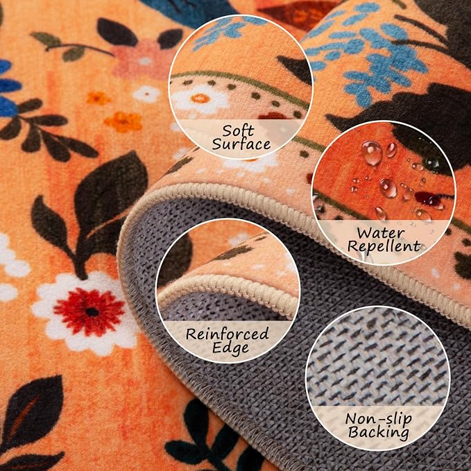 RELEANY Floral Washable Round 6ft Area Rug Orange/Yellow/Red | Flower Carpet, Print, Boho, Non-Slip, Easy to Clean, Soft, Low Pile for Living Room Bedroom Kitchen Office Entryway Hallway