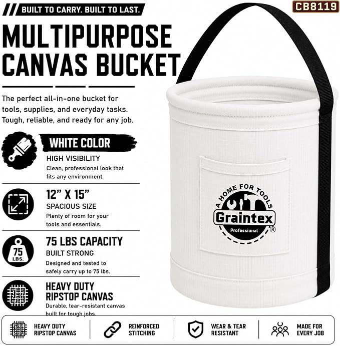 Graintex Canvas Utility Bucket 12"x15", Round Tool Bucket, Reinforced Base & Carry Handle, Ripstop Canvas, Multi-Purpose Bag for Jobsite, Home Use (White)
