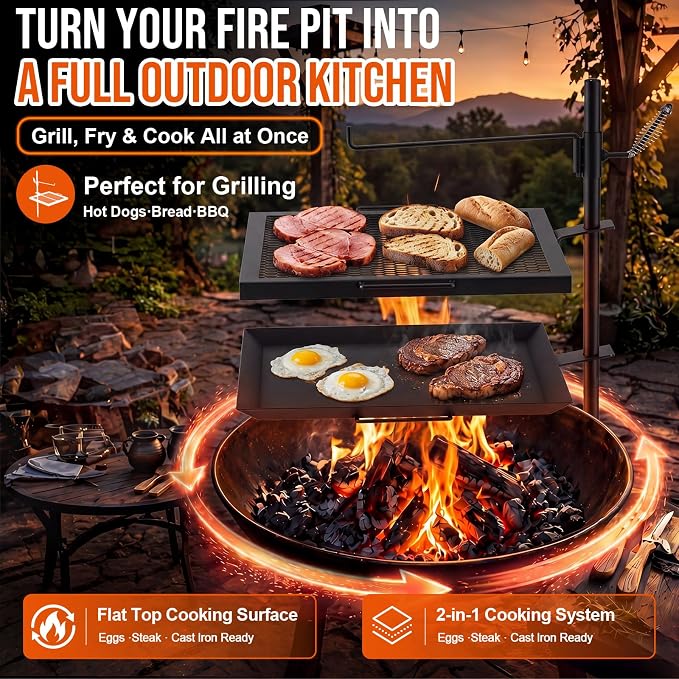 18.5" x 16" Fire Pit Campfire Grill Grate, Portable Open Fire Cooking Grill Grate Round Camping Cooking Barbecue Rack Heavy-duty, Easy Setup & Adjustable Height for Outdoor Camping BBQ