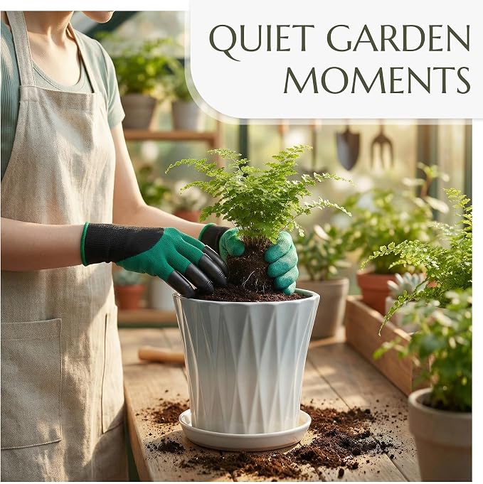 8.3 Inch Ceramic pots for Plants with Saucer Drainage Leak-Proof Mesh, Round Plant Pot with Gardening Gloves for Indoor Outdoor Plants (Rippled Grey)